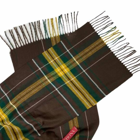 Soft Merona Unisex Tartan Plaid Fringe Scarf 65" X 11" Brown Tan Yellow Green - Picture 3 of 9